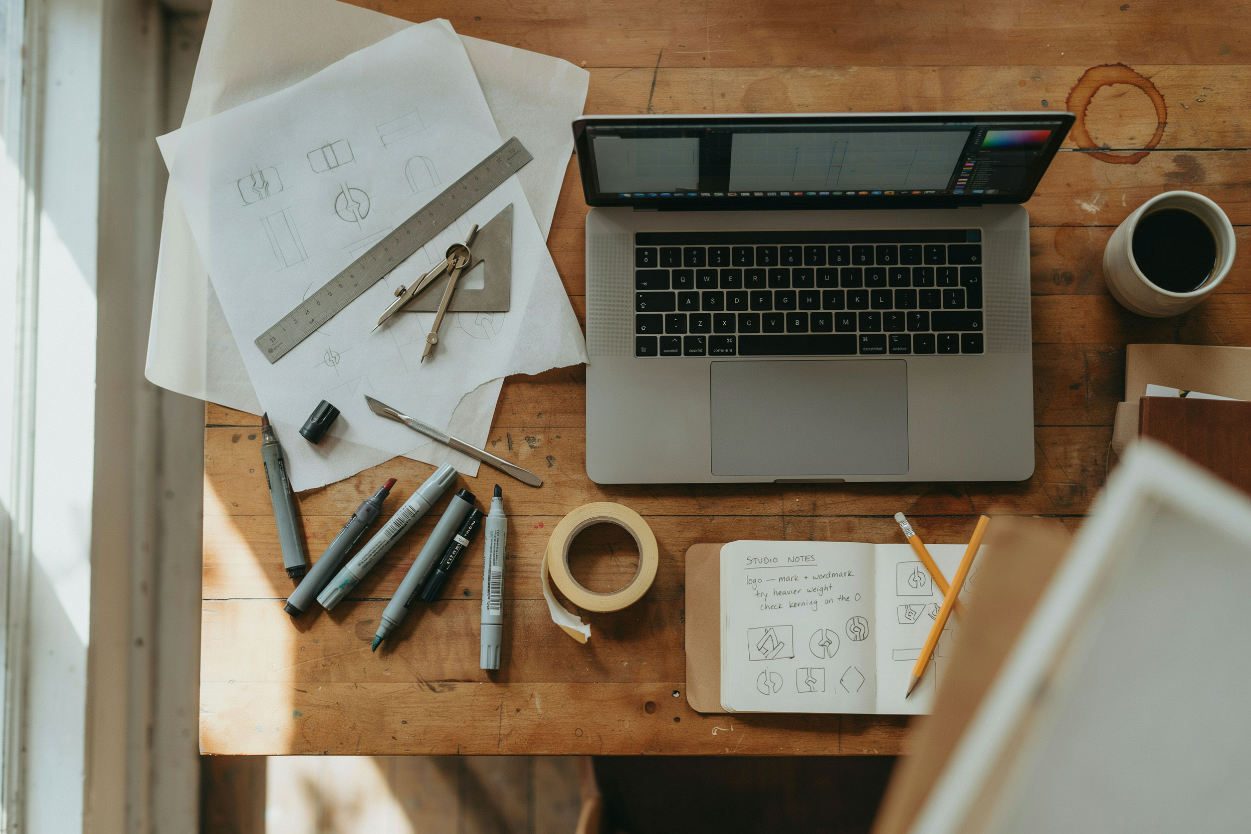 Strumenti tradizionali del grafico e postazione di lavoro contemporanea
