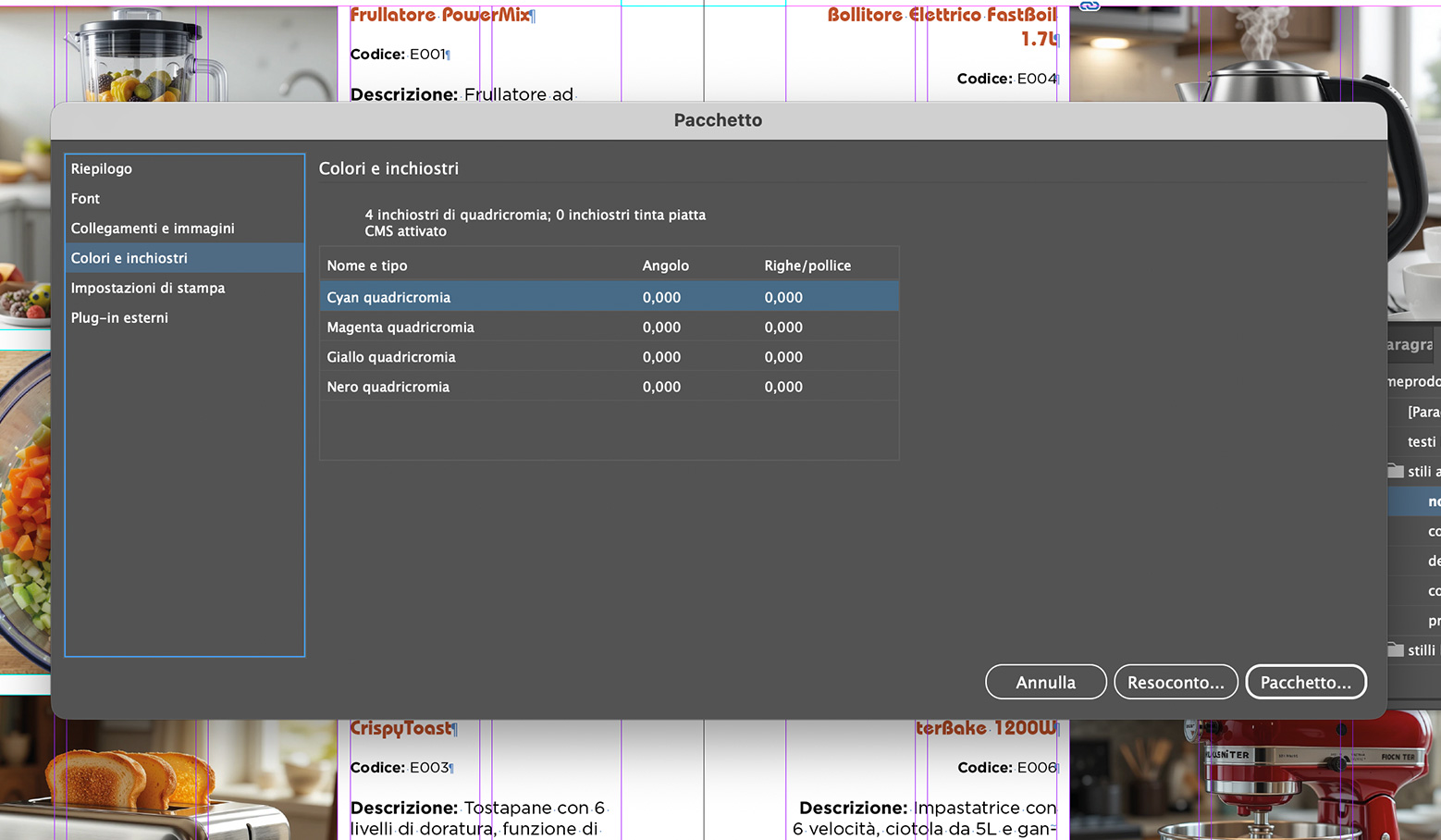 Finestra Pacchetto di InDesign