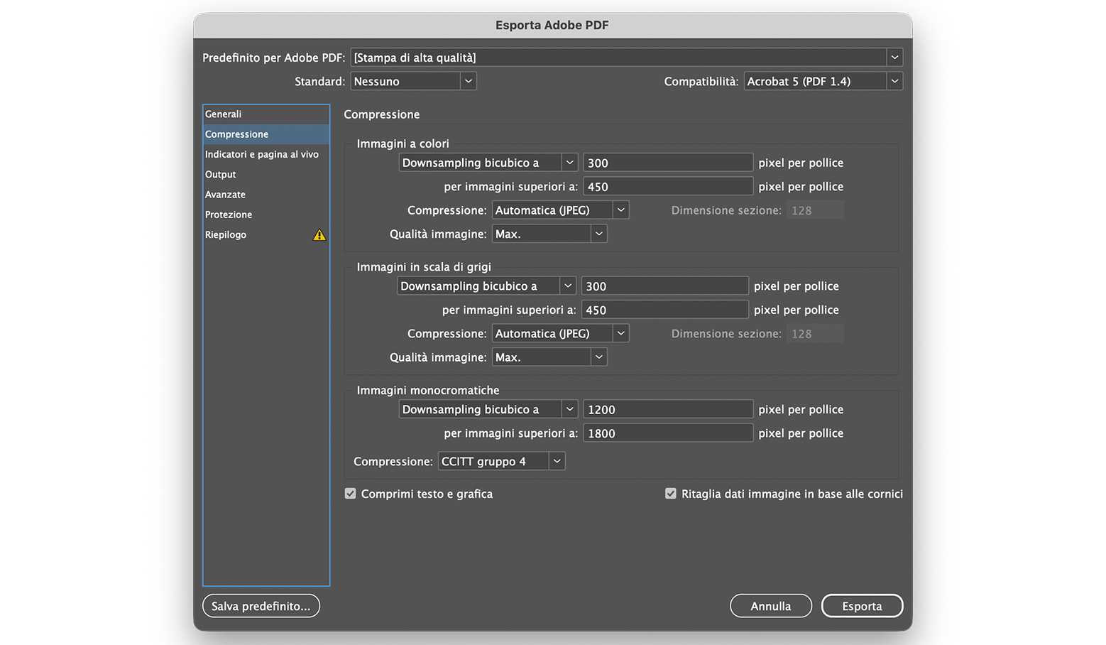 Pannello di esportazione PDF con preset PDF/X