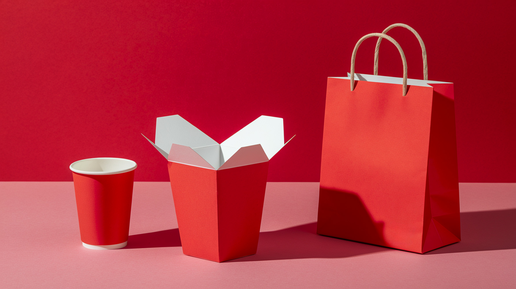 Packaging generico in tonalità rosse, tipico del settore fast food