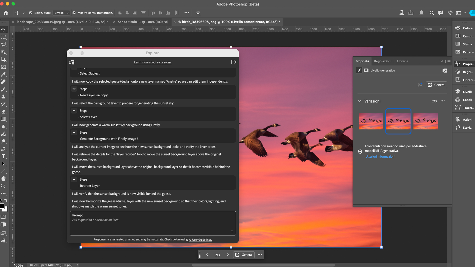 Pannello AI Assistant di Photoshop con un comando in linguaggio naturale