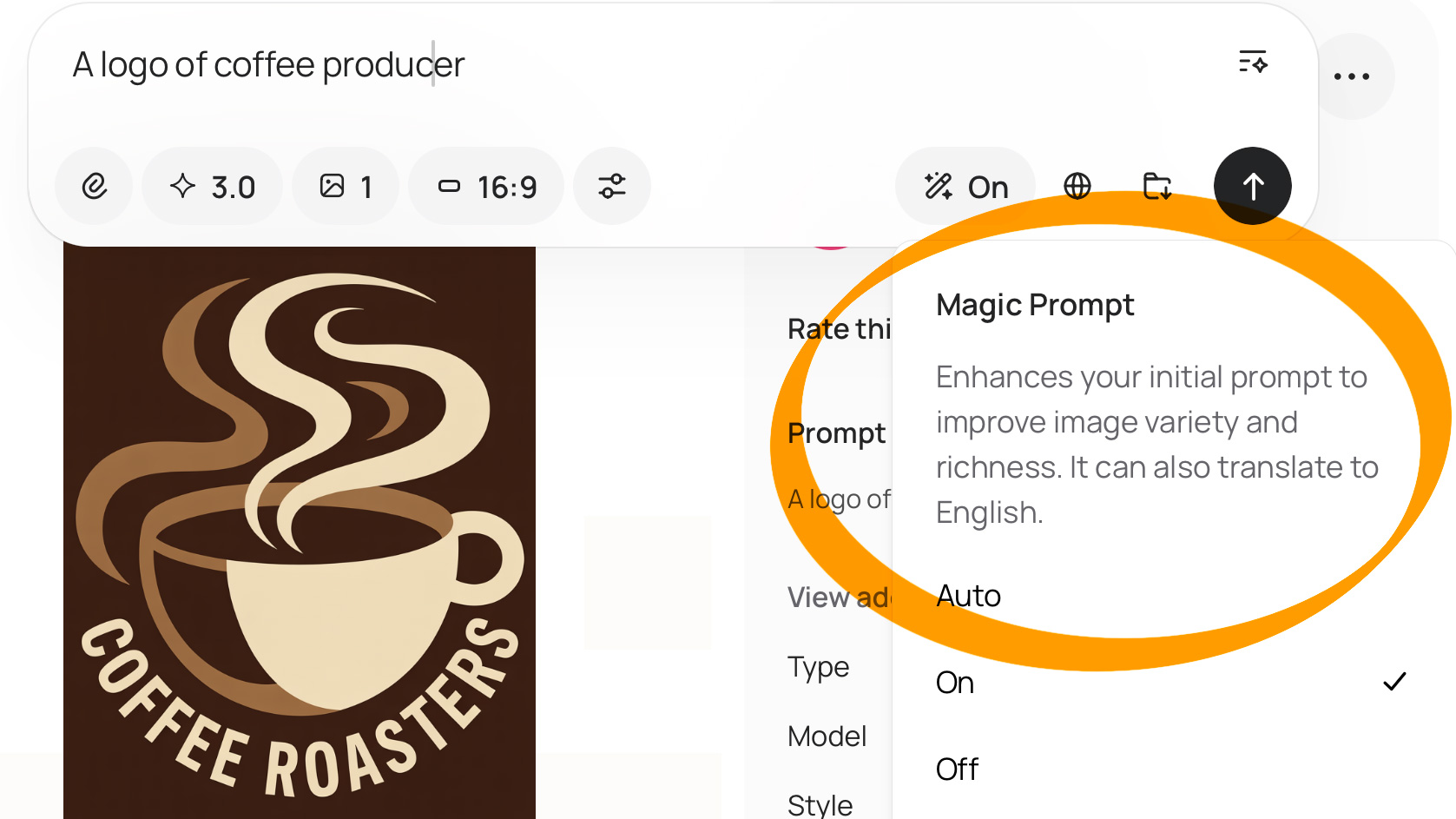 Magic Prompt di Ideogram che espande un'idea breve in un prompt dettagliato