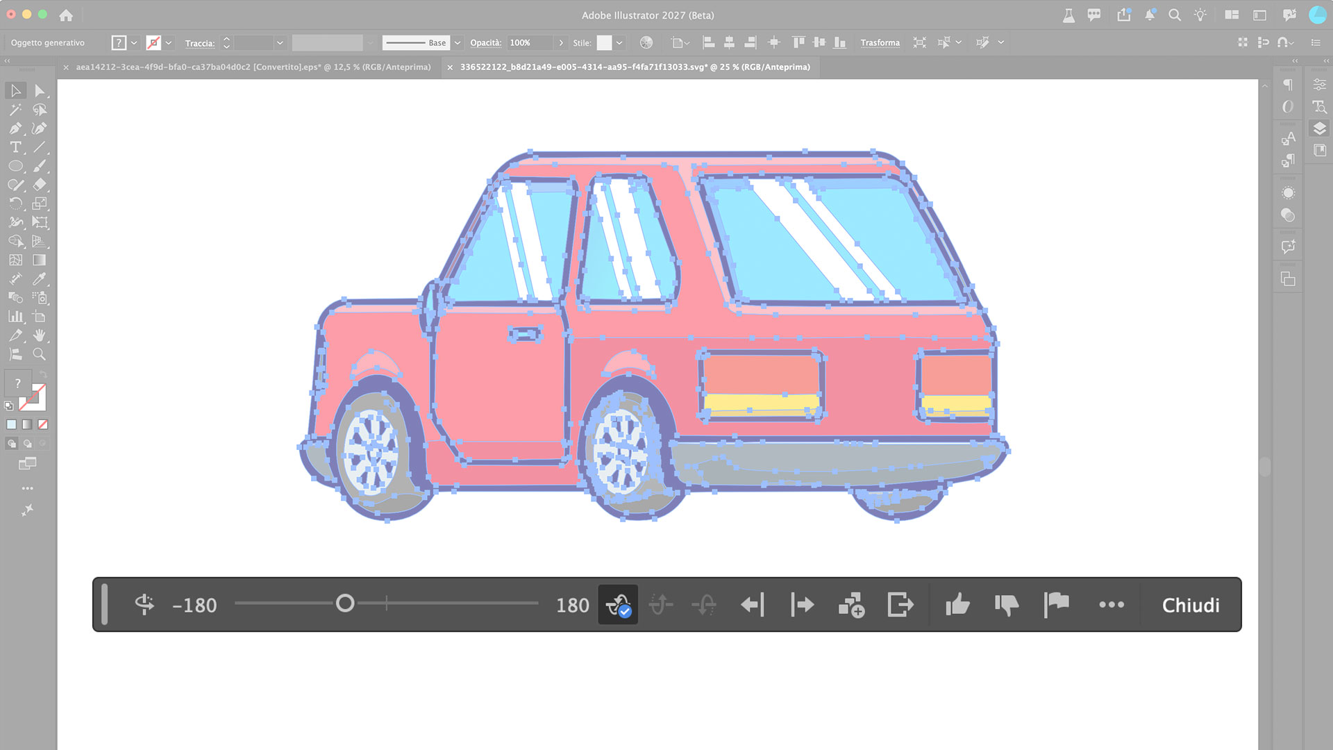 La barra contestuale di Illustrator con il pulsante Turntable e lo slider di rotazione
